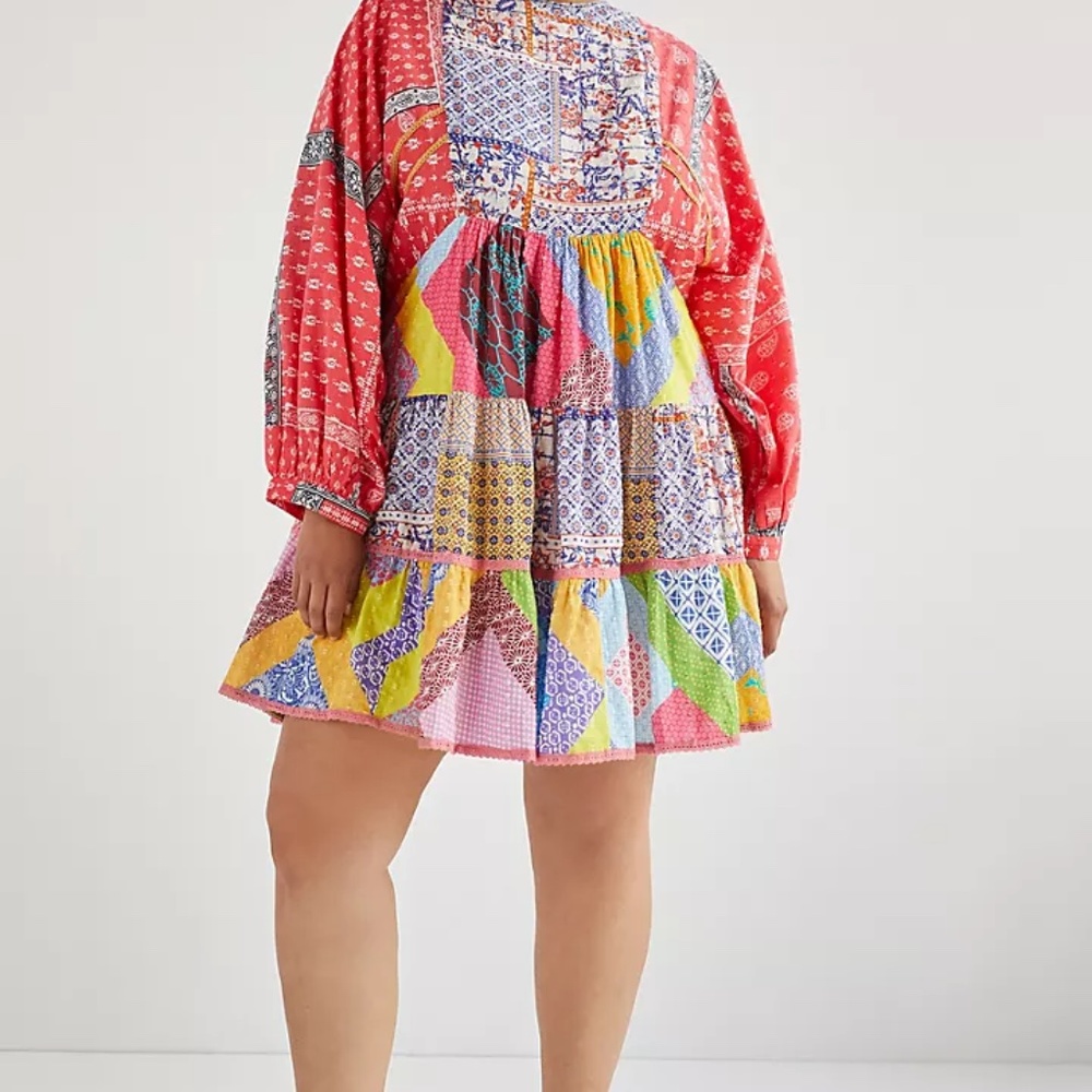 Anthropologie Patchwork Mini Dress in Red, Yellow, Blue, Green
